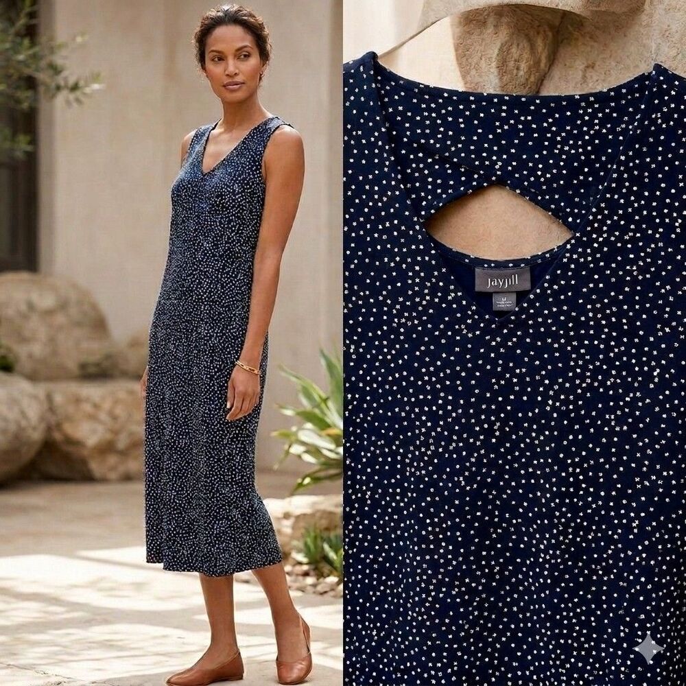 J. Jill Wearever Midi Dress Women’s Size PXS Navy Tan Polkadot Knit Keyhole Back
